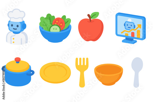 Culinary 3d icon set. Chef, cooking, kitchen utensils and food symbols collection