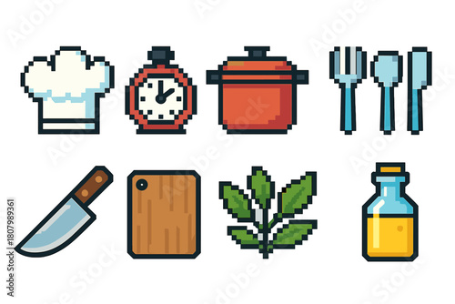 Cooking essentials pixel icon set featuring kitchen utensils and appliances in 3d