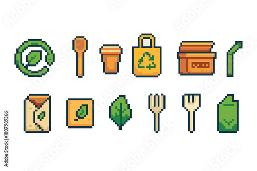 Eco-friendly, recycling pixel icon set. Green, environment pixelated outline icons
