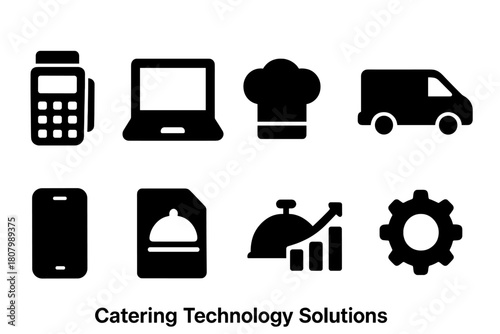Catering and restaurant solid icon set. Food service, kitchen management icon collection