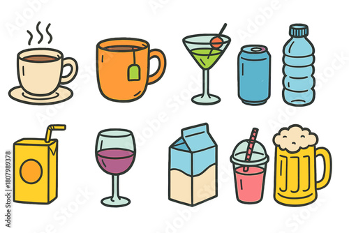 Beverage, drink outline icon set. Coffee, tea, cocktail, beer, juice, water bottle icons