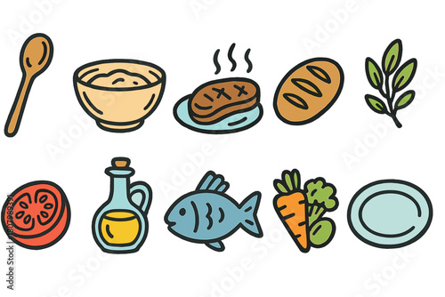 Food and cooking flat icon set. Kitchen, meal, ingredients icons flat collection