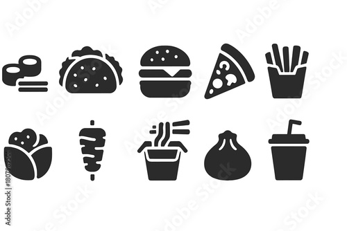 Fast food silhouette icon set. Burger, pizza, sushi, and more food icons collection