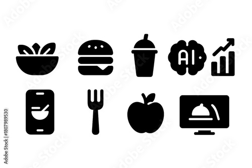 Food and drink silhouette icon set. Kitchen, beverage cooking icons.