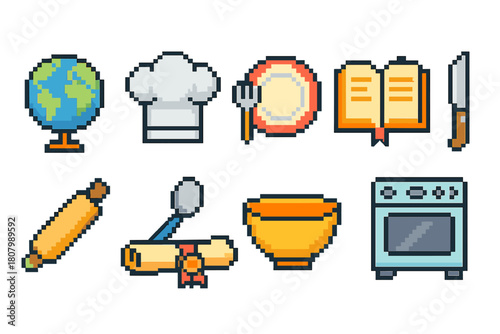 Cooking and kitchen pixel icon set. Culinary, food tools pixel art collection.