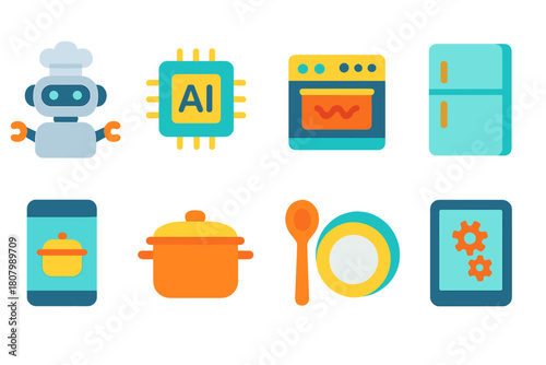 Cooking and kitchen icon set with ai and gadget elements in gradient style