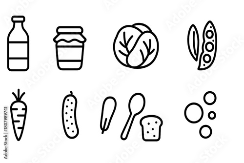 Food and kitchen line icon set: cooking, vegetables, ingredients linear collection