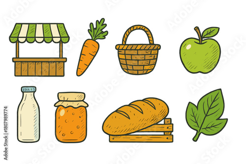 Farmers market icon set. Fresh produce, food symbols in flat design collection.