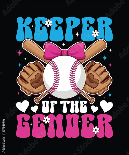 Baseball gender reveal design with pink bow and blue lettering for baby celebration