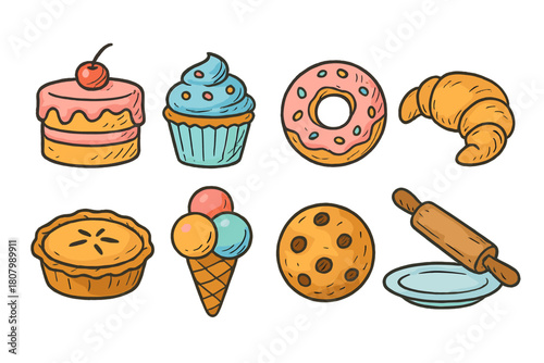 Dessert, bakery filled icon set. Sweets, pastry, cake icons collection.
