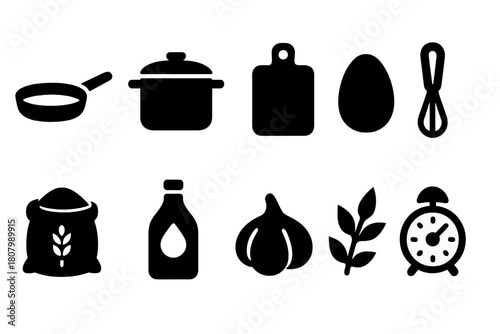 Cooking and kitchen silhouette icon set. Cooking essentials in silhouette style.