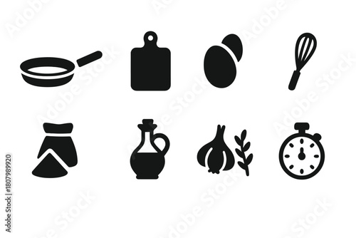 Cooking silhouette icon set. Kitchen tools, ingredients, timing silhouette collection