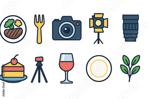 Food and photography, leisure filled icon set. Dining, camera, lifestyle icons collection.