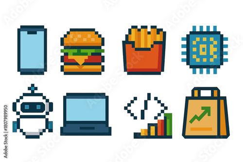 Technology and food pixel icon set. Retro, computer, burger icons in pixel style