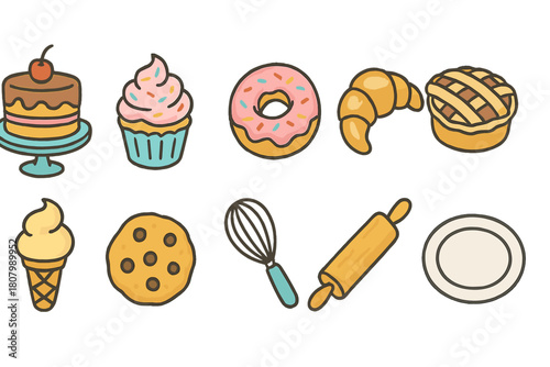 Bakery, desserts flat icon set: sweet treat icons for pastry and baking enthusiasts