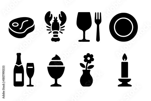 Dining and food silhouette icon set. Dining essentials in silhouette style collection