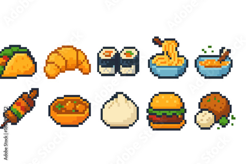Food pixel icon set. Delicious snacks and meals in retro pixel art style