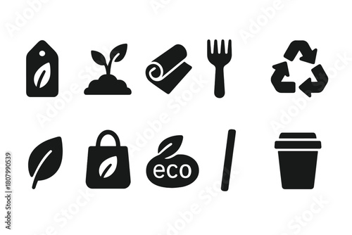 Eco-friendly silhouette icon set. Sustainability, recycling, nature conservation icons
