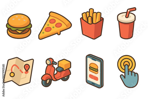 Fast food and delivery icon set. Order and app outline icons for online service