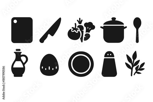 Kitchen silhouette icon set. Cooking, culinary tools, food prep silhouette collection