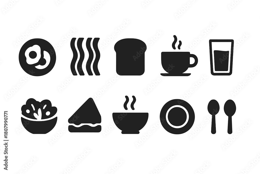 Fototapeta premium Breakfast, brunch silhouette icon set. Morning meal, food symbols silhouette collection