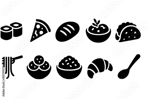 Food and cuisine solid icon set. Diverse meals, snacks, international cuisine icons collection