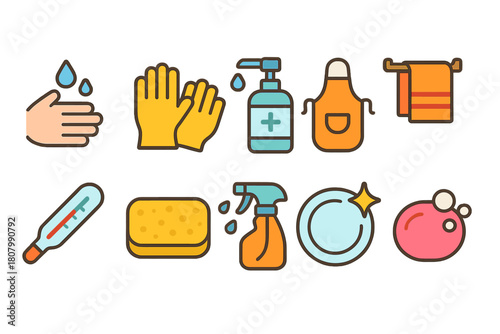 Hygiene and cleaning flat icon set. Soap, gloves, sanitizer, and more flat icons.