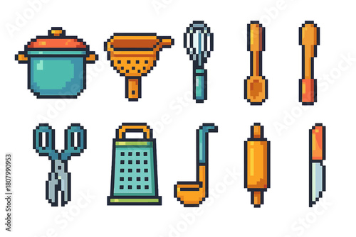 Kitchen, cooking pixel icon set. Line style utensils and tools collection