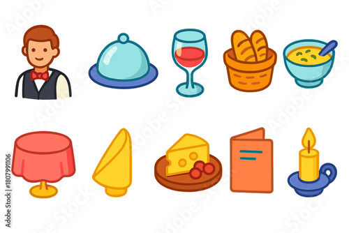 Restaurant dining filled icon set. Dining table, wine, and meal icons collection.