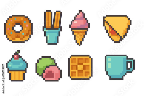 Pixel, retro food flat icon set. Vintage snacks, desserts icon collection