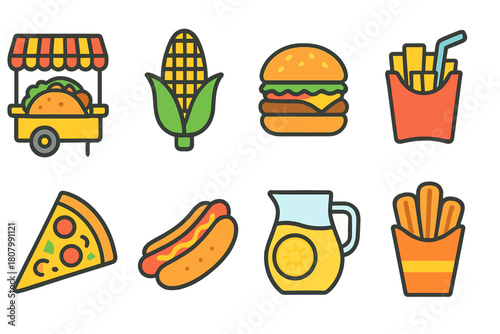 Food and drink flat icon set. Tacos, pizza, burger, corn, lemonade, fries collection