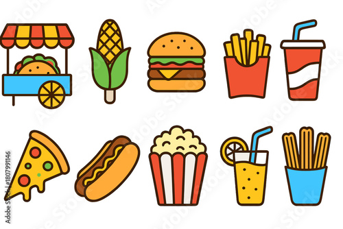 Fast food flat icon set. Snacks, drinks, and quick meals in vibrant flat design.