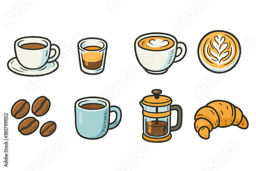 Coffee and cafe icon set. Flat style collection of coffee cups, beans, and pastries.
