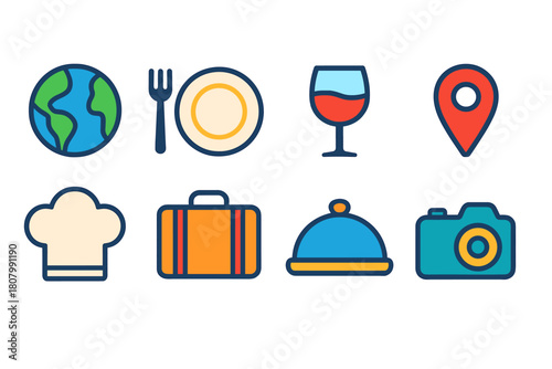 Travel and food flat icon set. Culinary, travel essentials flat icons collection
