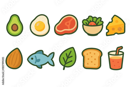 Healthy food flat icon set. Nutrition, diet, meal planning icons collection