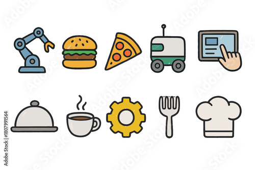 Industry and food outline icon set. Robotics, cuisine, automation linear collection