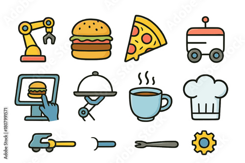 Food and robotics icon set. Delicious cuisine and automation linear icons collection