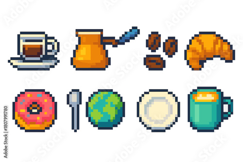 Coffee and breakfast icon set in pixel style. Beans, croissant, cup, donut icons.