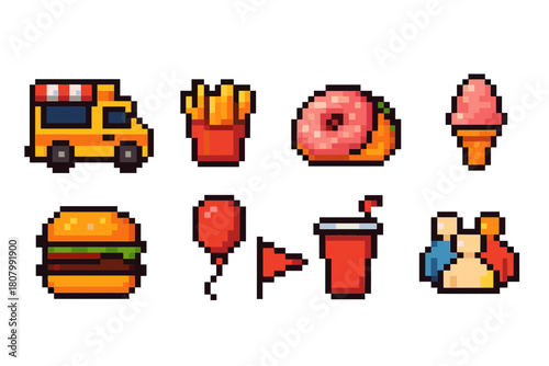 Pixel art food icon set. Fast food, snacks, and desserts in retro style