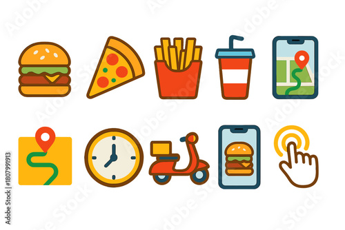 Fast food delivery icon set. Outline food, delivery, gps icons collection.