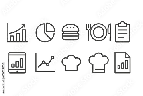 Restaurant and food linear icon set. Dining, analytics, culinary icons in line style