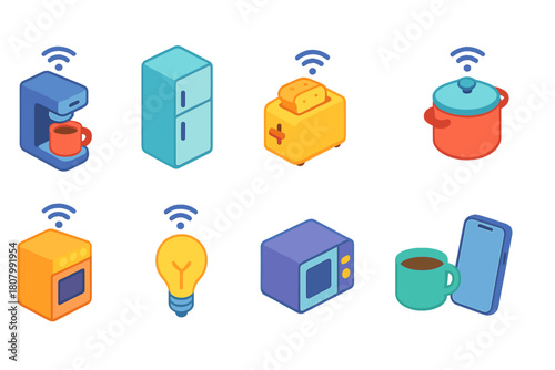 Smart home appliance icon set. 3D style, connected kitchen and device icons.