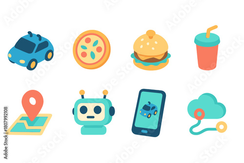 Food and transportation 3d icon set. Fast food, navigation, robot, vehicle icons collection