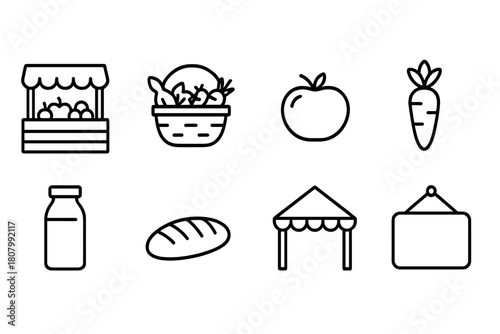 Agriculture and market line icon set: fresh produce, farming, grocery symbols