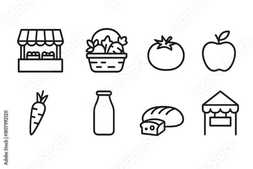Farmers market, grocery outline icon set. Fresh produce and food line style icons