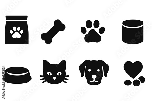 Pet care silhouette icon set. Animal, dog, cat, accessories, food silhouette collection