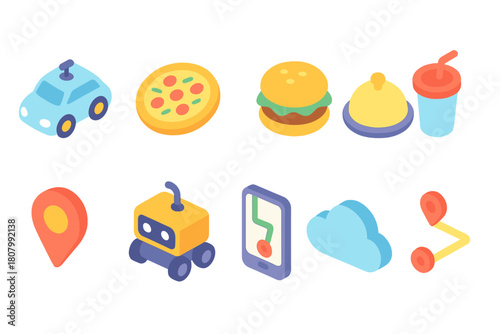 Gastronomy and navigation 3d icon set. Food delivery and maps collection in isometric style