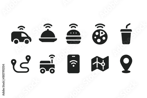Food delivery silhouette icon set. Fast-food, beverage, navigation solid icons
