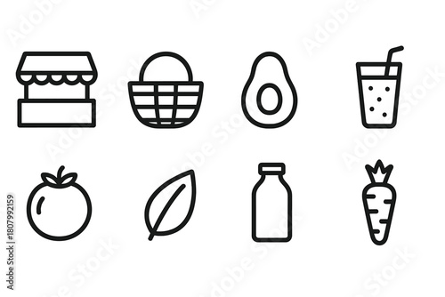 Organic food outline icon set. Healthy eating, natural products line art collection