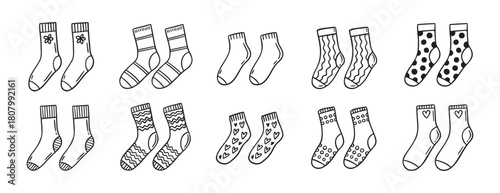 Cute socks doodle hand drawn icon set. Outline drawing cute socks line clipart symbol collection